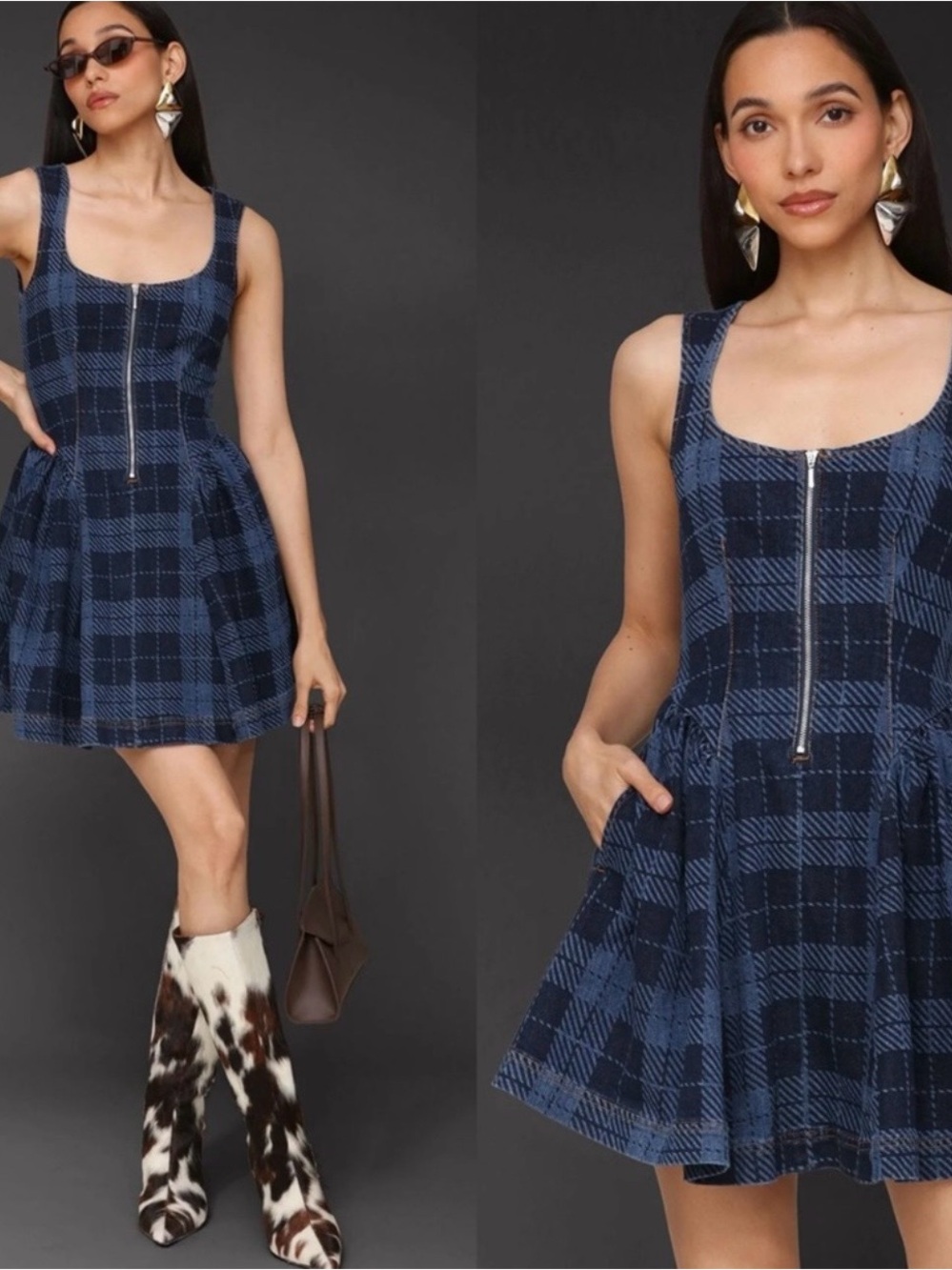 Avec Les Filles Navy and Denim Blue Plaid Zip-Front Mini Dress